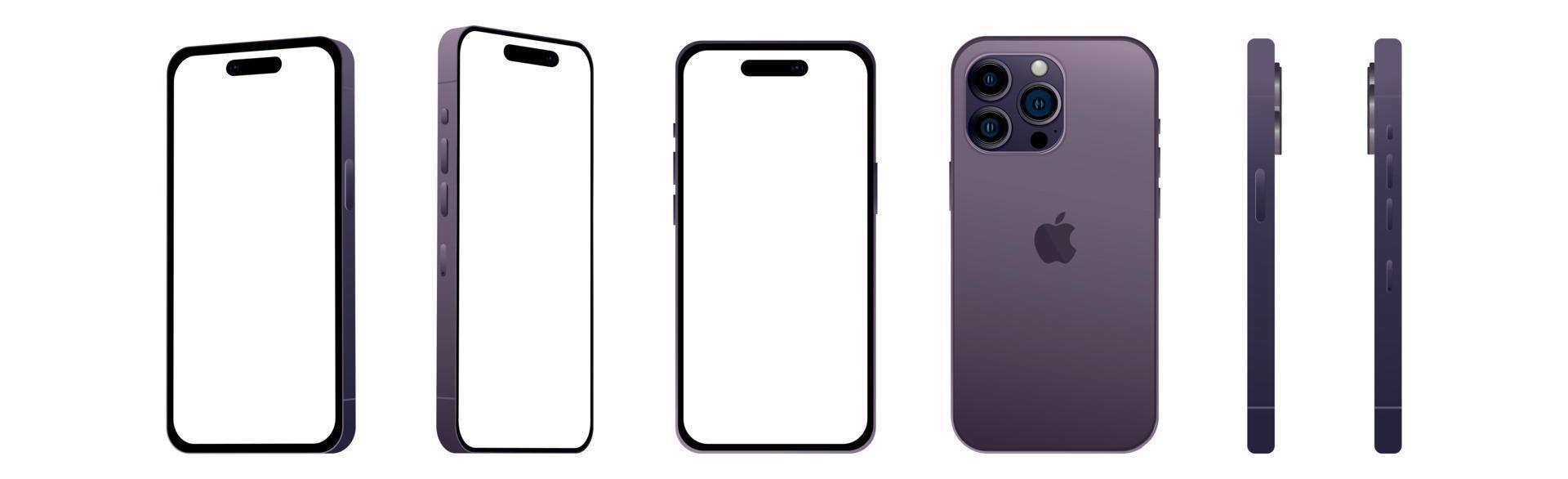 reeks van 6 stuks van verschillend hoeken, Purper pro smartphone appel iphone 14 modellen, nieuw het industrie, mockup voor web ontwerp Aan een wit achtergrond - vector