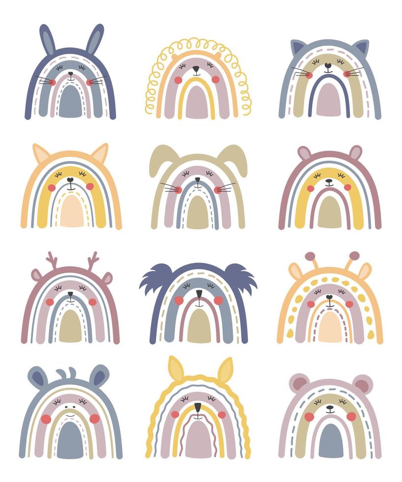 schattig vector illustraties met boho kinderkamer regenbogen Leuk vinden dieren geïsoleerd Aan wit achtergrond. decoratie van een kinderen kamer, uitnodigingen, affiches. voor verjaardag, baby kamer, kinderen uitnodigingen.