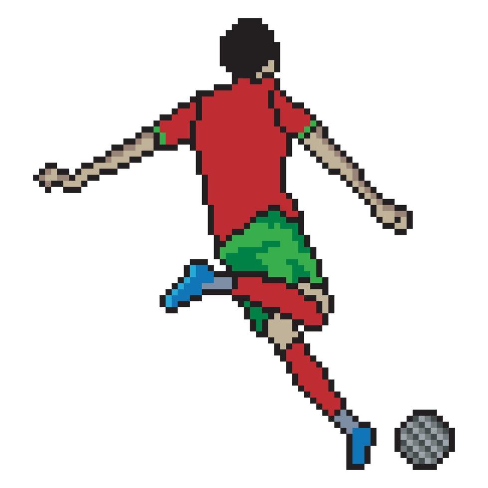 voetballer die bal schopt met pixelart. vector illustratie