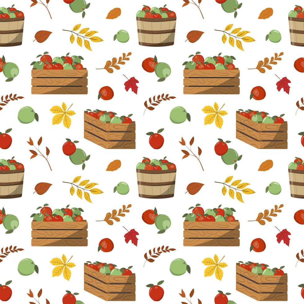 herfst rood en groen appels in kratten en manden naadloos patroon. geïsoleerd Aan wit achtergrond. vector