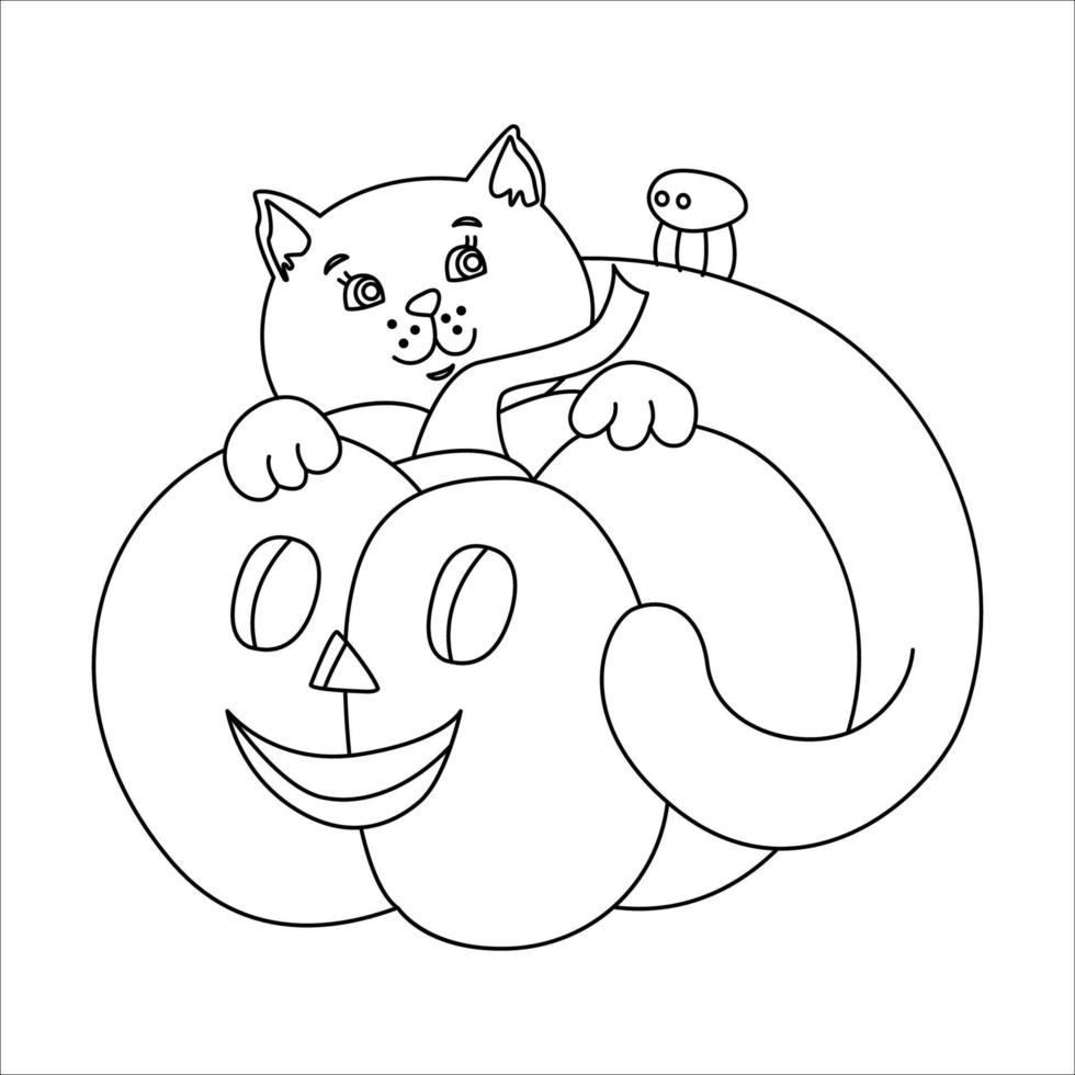 grappig katje en jack-o-lantern pompoen. hand- getrokken tekening vector illustratie. zwart schets. Super goed voor kleuren, halloween ontwerp.