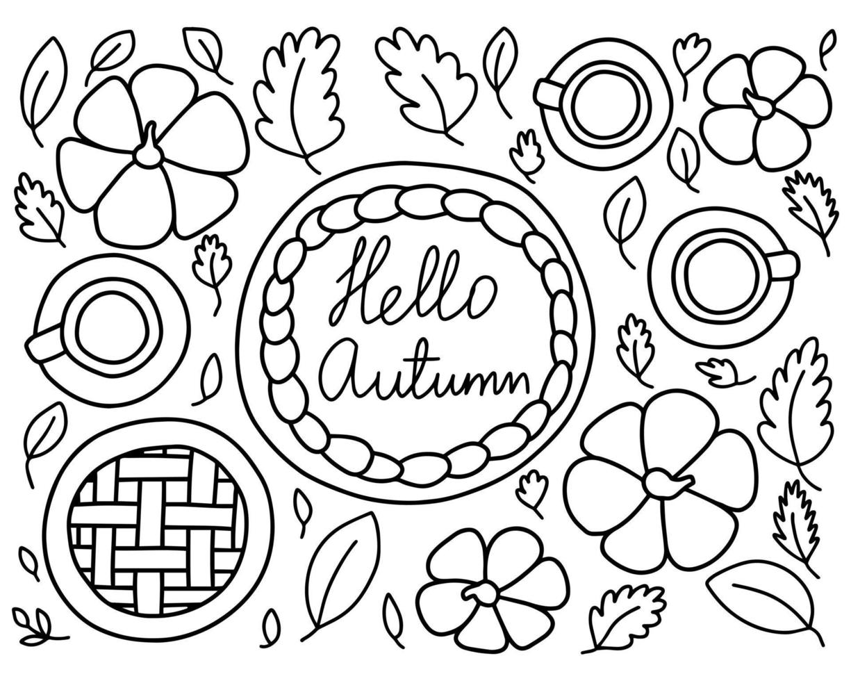 Hallo herfst oogst avondeten tafel top visie kleur bladzijde. pompoenen en pompoen taart Aan tafel met gerechten vector illustratie.