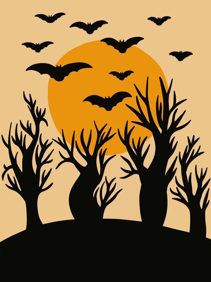 halloween maan vector vlak illustratie. eng halloween landschap met bomen silhouet en zwart vleermuizen.