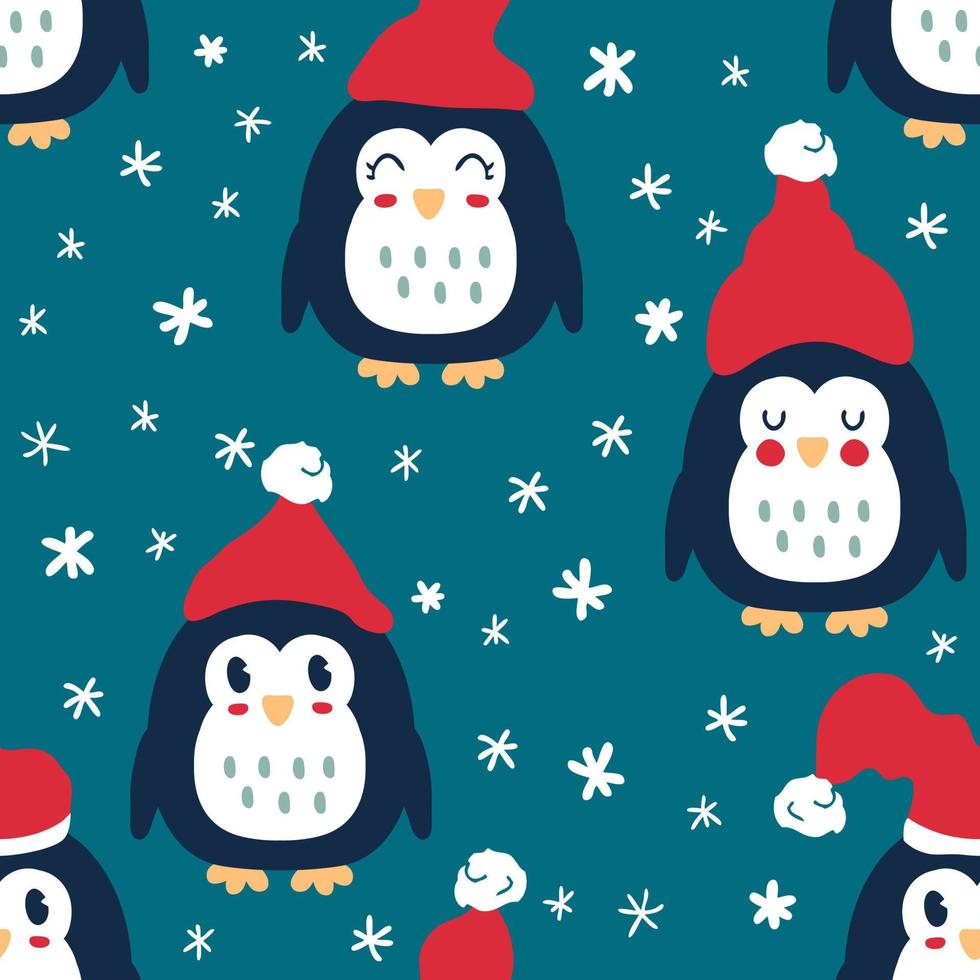 winter pinguïns in hoeden met sneeuwvlokken naadloos patroon. vector