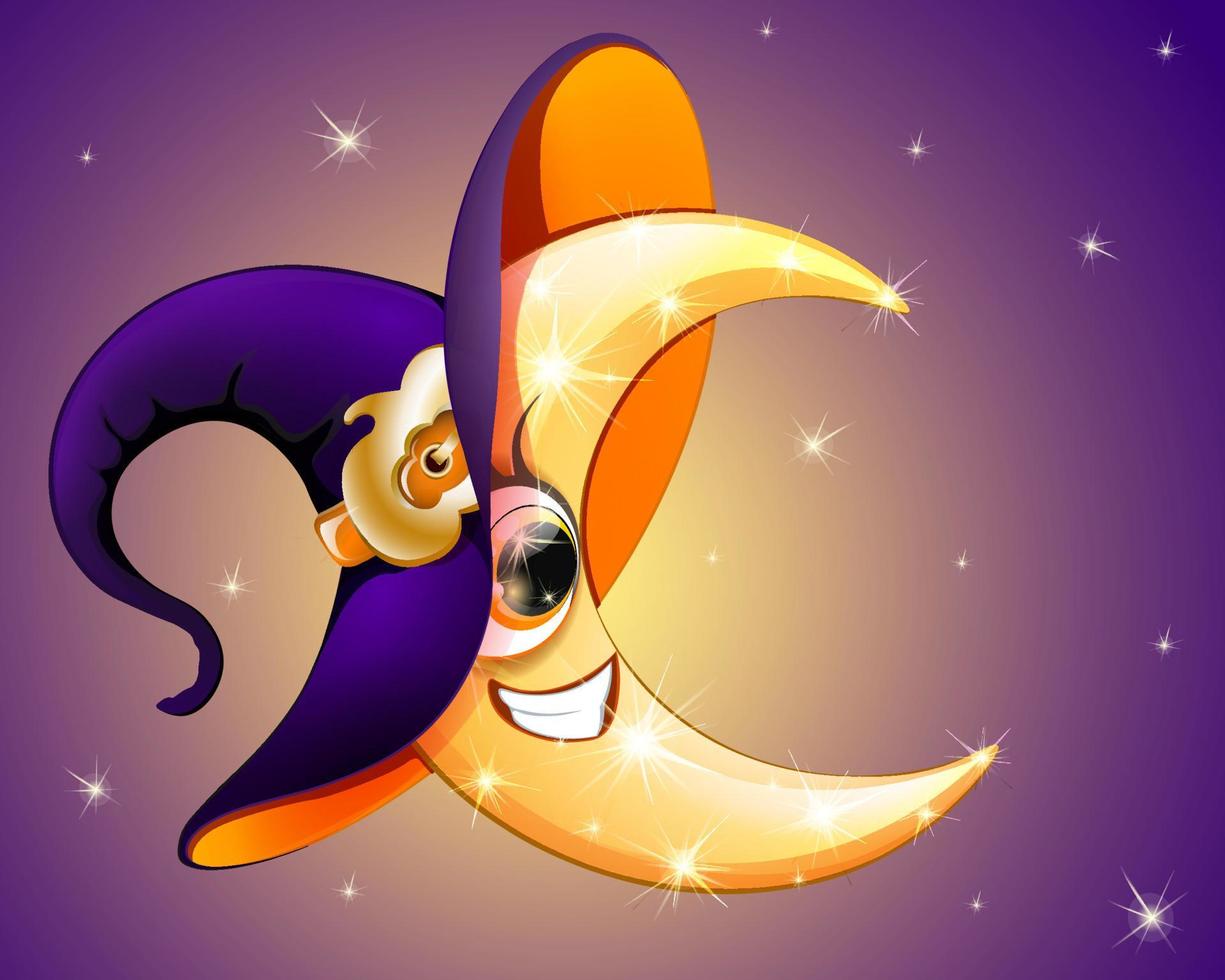 tekenfilm glimmend halloween heks maan in de heks hoed met pompoen riem in nacht lucht vector