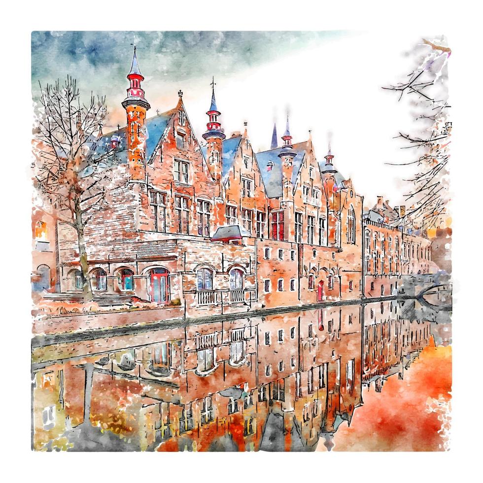 brugge belgië aquarel schets hand getekende illustratie vector