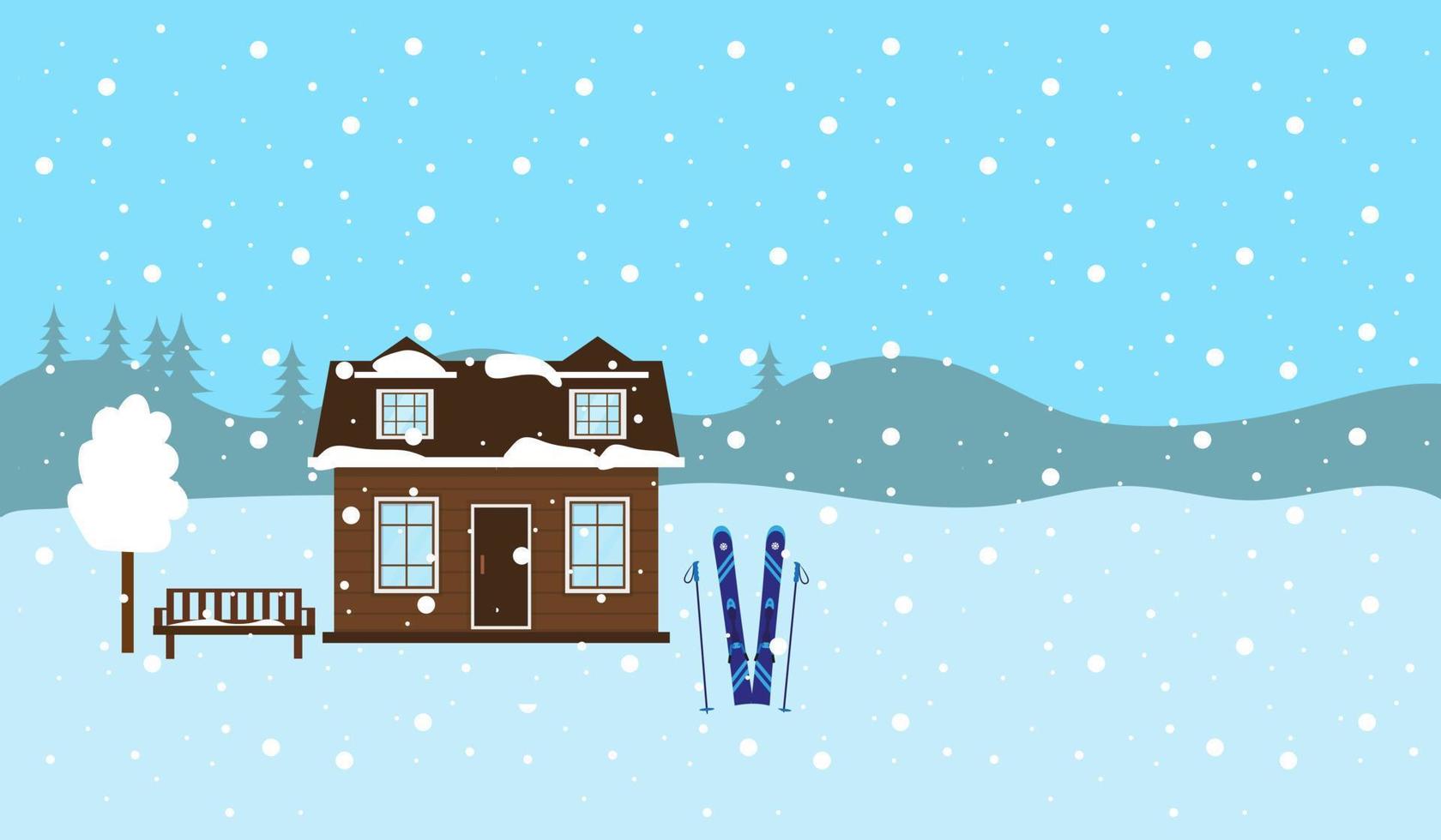 winter besneeuwd landschap. land huis, bank en ski buiten. vector illustratie.