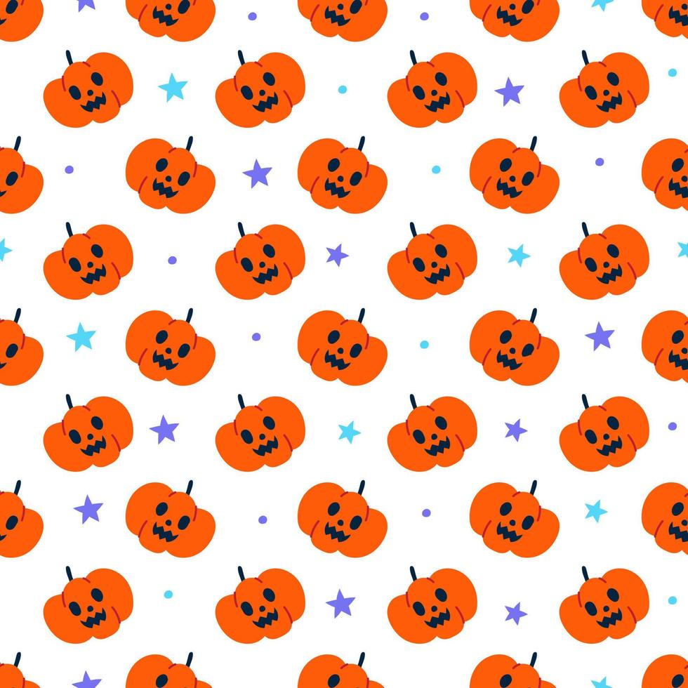 schattig gelukkig halloween oranje pompoen lamp jack O lantaarn pompoenen tekenfilm naadloos patroon vector wit achtergrond geest ster