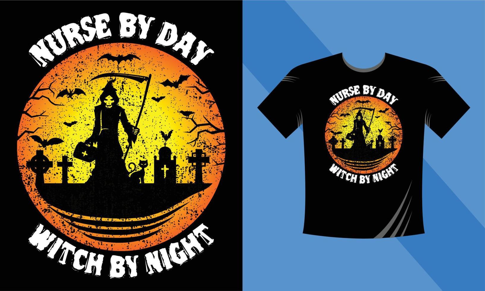 verpleegster door dag heks door nacht - het beste halloween t-shirt ontwerp sjabloon. pompoen, nacht, maan, heks, masker. nacht achtergrond t-shirt voor afdrukken. vector