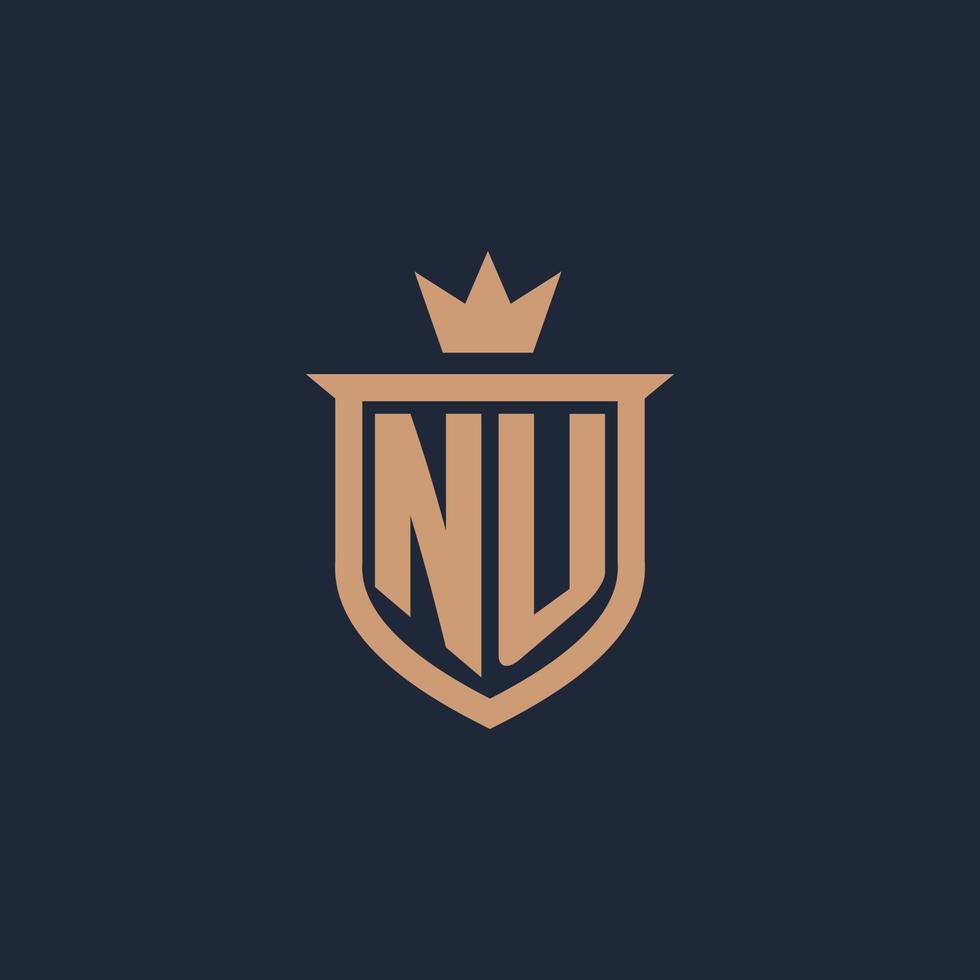 nu monogram eerste logo met schild en kroon stijl vector