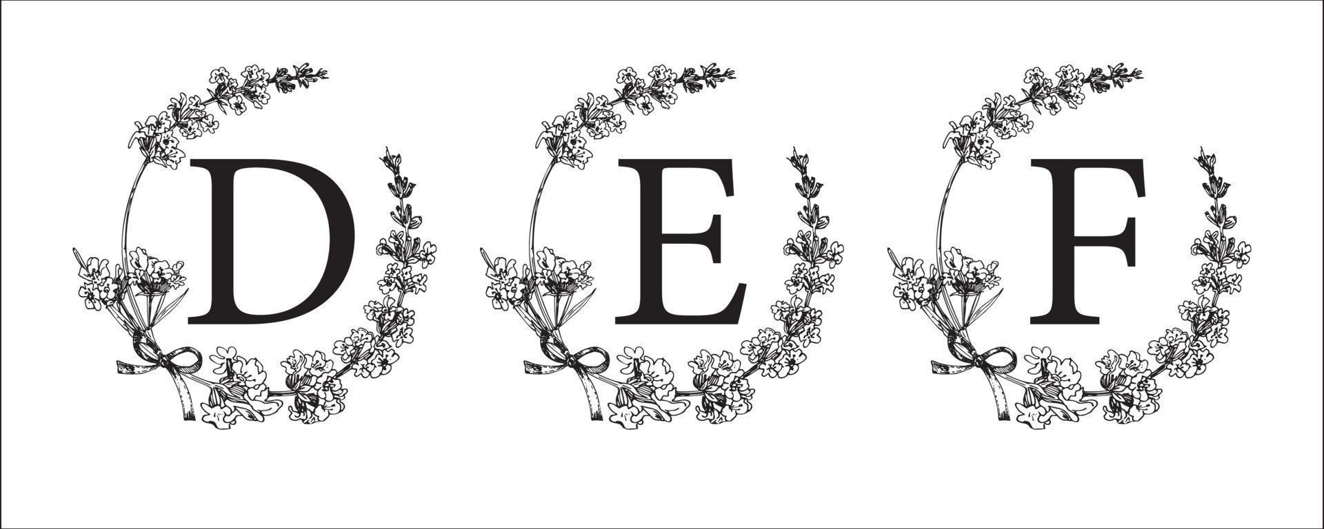 d e f brief. reeks modern hand getekend gegraveerde schetsen illustraties. lavendel bloem krans met alfabet monogram. mooi zo idee voor bruiloft decor. wijnoogst vector typografisch embleem, logo, etiket ontwerp.