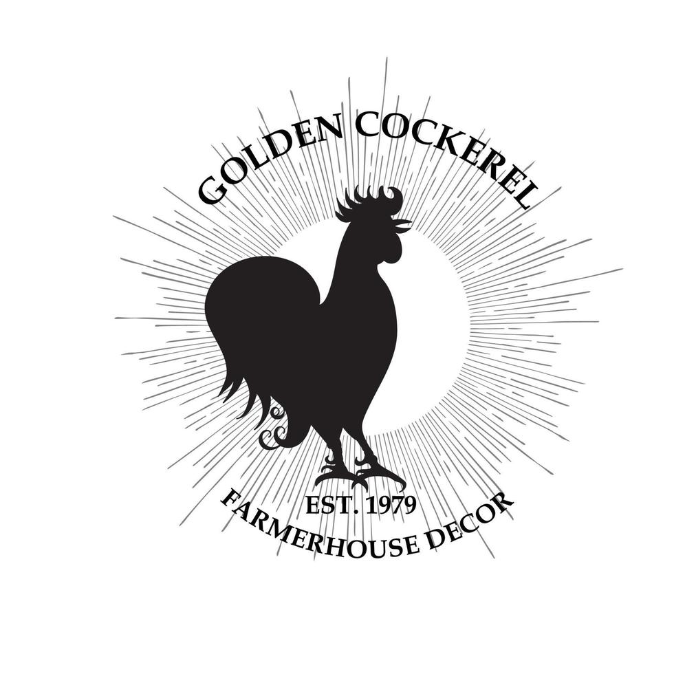 boerderij decor premade logo ontwerp. gouden haan. zwart en wit kleuren. geïsoleerd achtergrond. hand getekend postzegel silhouet. boerderij decor. boeren markt merk. vector