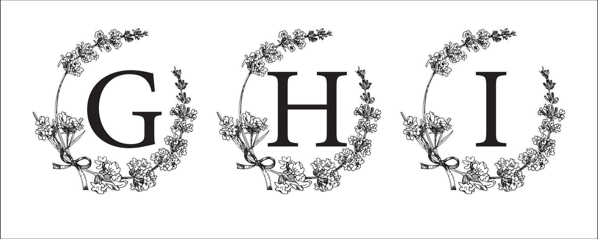 g h ik brief. reeks modern hand getekend gegraveerde schetsen illustraties. lavendel bloem krans met alfabet monogram. mooi zo idee voor bruiloft decor. wijnoogst vector typografisch embleem, logo, etiket ontwerp.