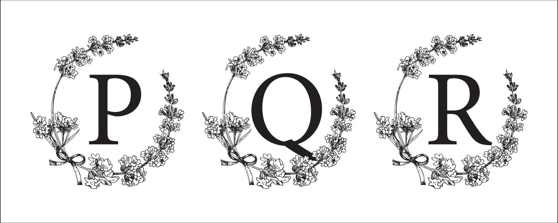 p q r brief. reeks modern hand getekend gegraveerde schetsen illustraties. lavendel bloem krans met alfabet monogram. mooi zo idee voor bruiloft decor. wijnoogst vector typografisch embleem, logo, etiket ontwerp.