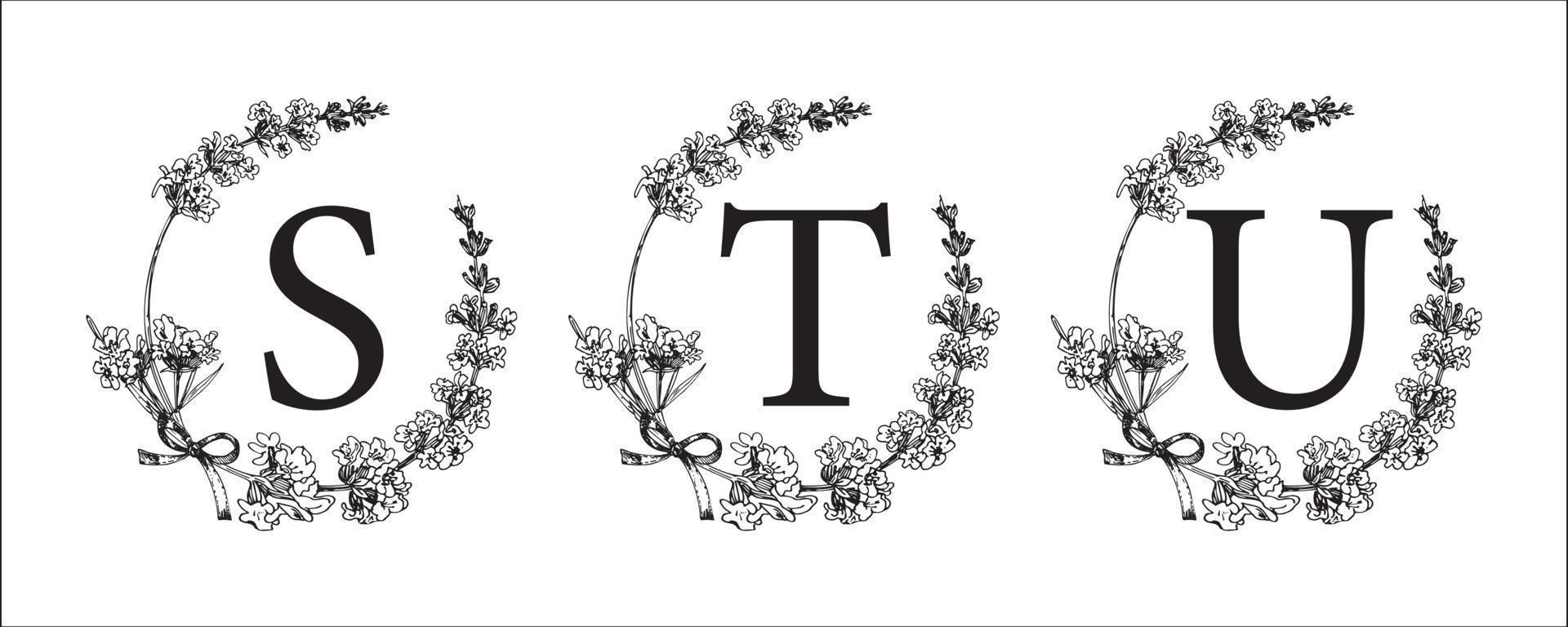 s t u brief. reeks modern hand getekend gegraveerde schetsen illustraties. lavendel bloem krans met alfabet monogram. mooi zo idee voor bruiloft decor. wijnoogst vector typografisch embleem, logo, etiket ontwerp.