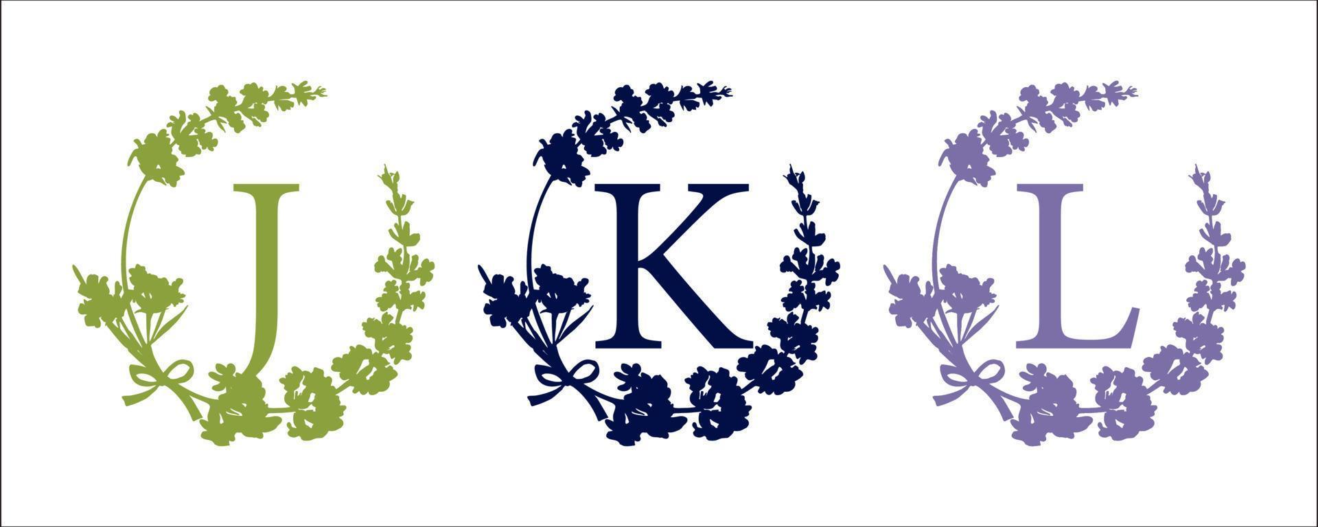 j k l brief. reeks modern hand getekend silhouet schetsen illustraties. lavendel bloem krans met alfabet monogram. mooi zo idee voor bruiloft decor. wijnoogst vector typografisch embleem, logo, etiket ontwerp.