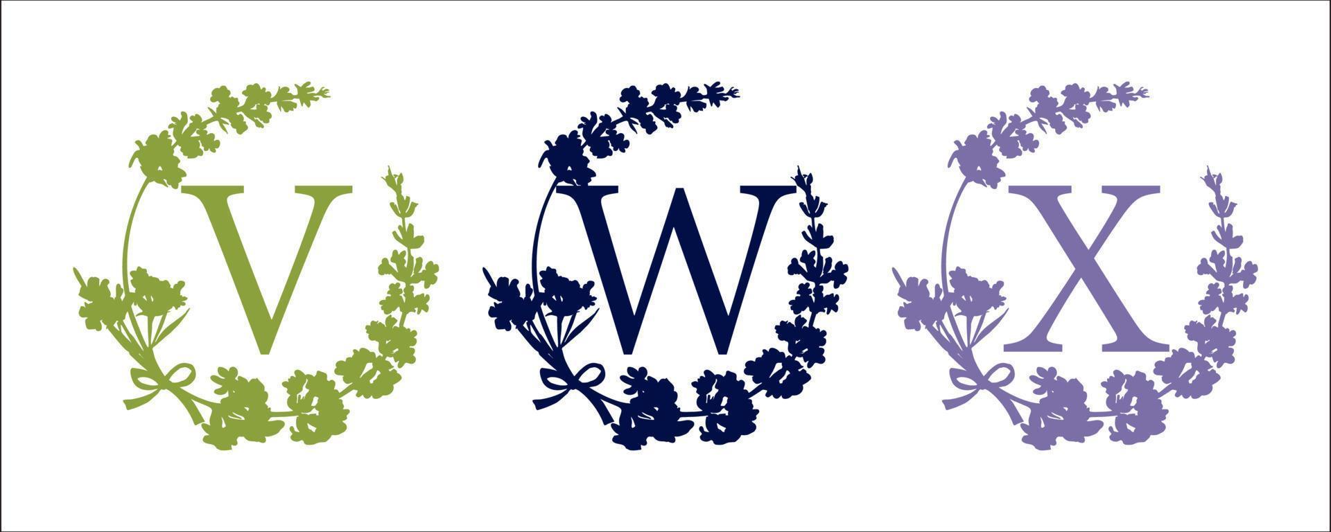 v w X brief. reeks modern hand getekend silhouet schetsen illustraties. lavendel bloem krans met alfabet monogram. mooi zo idee voor bruiloft decor. wijnoogst vector typografisch embleem, logo, etiket ontwerp.