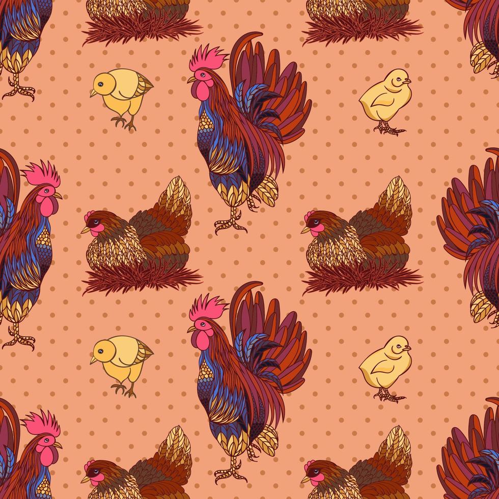 naadloos achtergrond met hand- getrokken haan, kippen en kippen vector