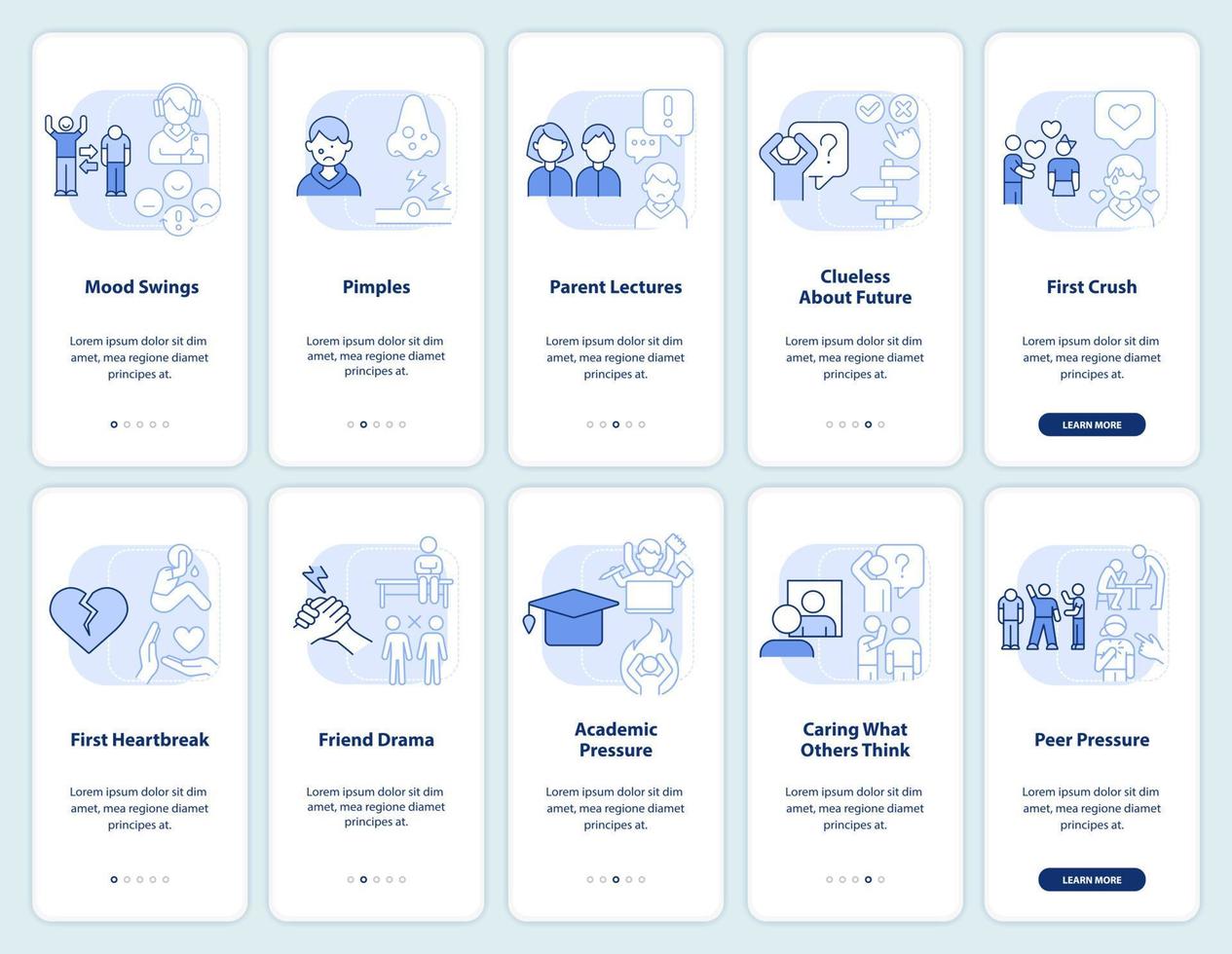 tiener- worstelt licht blauw onboarding mobiel app scherm set. walkthrough 5 stappen bewerkbare grafisch instructies met lineair concepten. ui, ux, gui sjabloon. vector