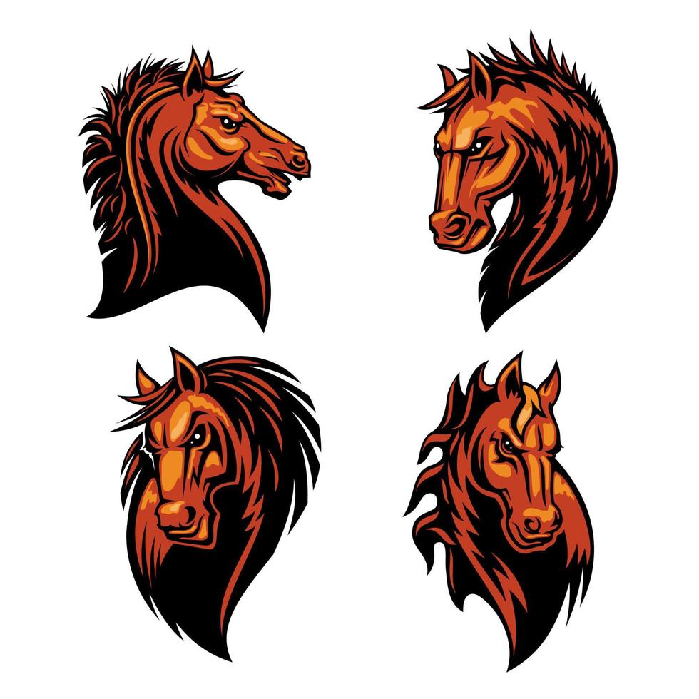 woedend paard hoofd heraldisch pictogrammen reeks vector