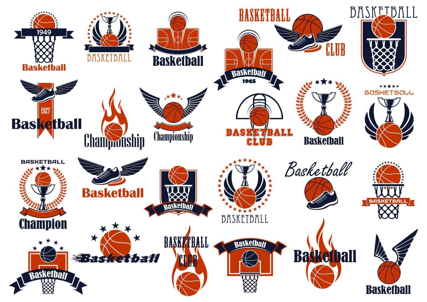 basketbal sport spel oranje en blauw pictogrammen vector