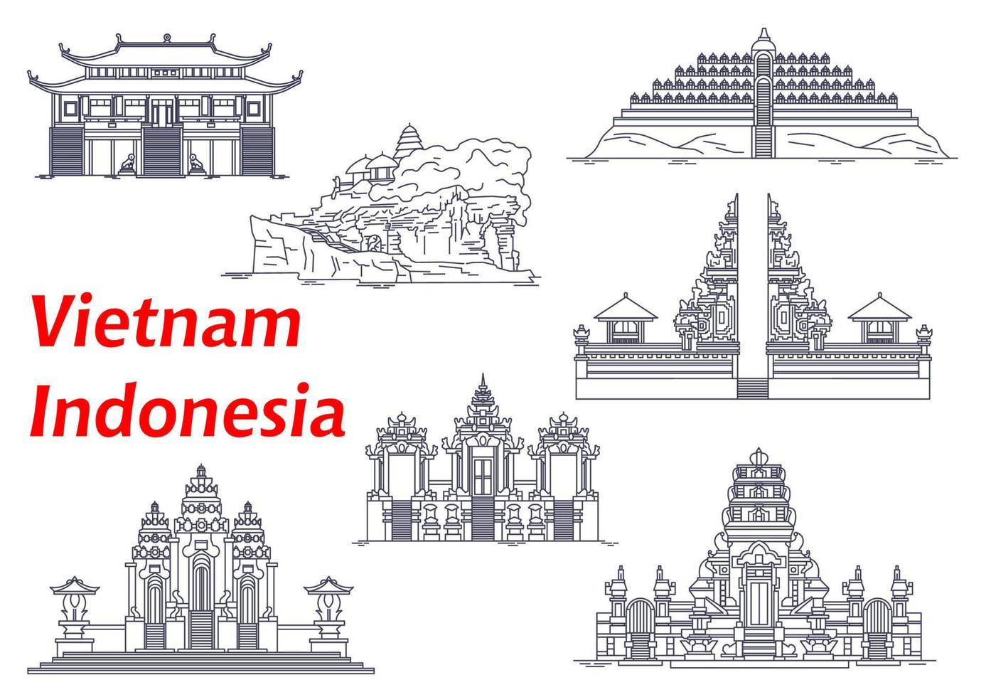 oude tempels van Indonesië en Vietnam pictogrammen vector