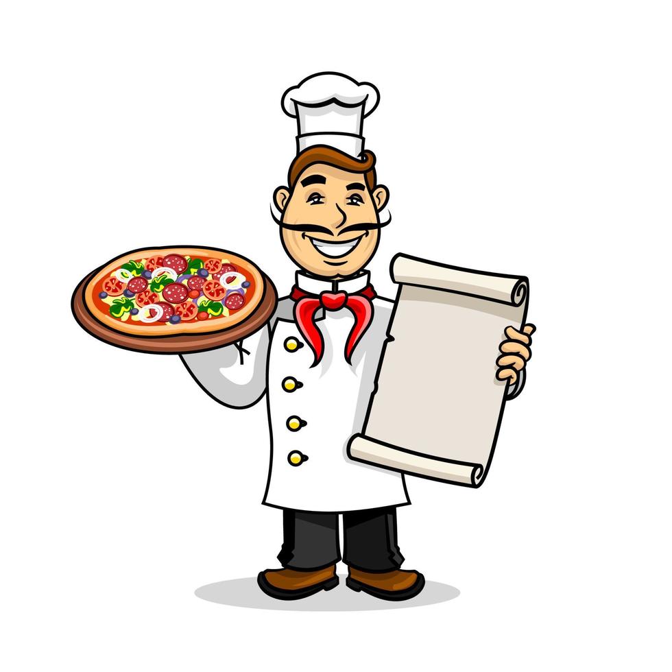 pizzeria icoon. chef met wie menu kaart en pizza vector