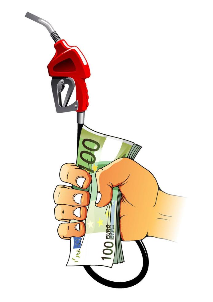 hand- Holding benzine mondstuk en euro rekeningen vector