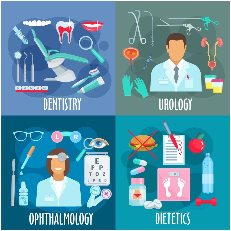 tandheelkunde, urologie, oogheelkunde, diëtetiek pictogrammen vector