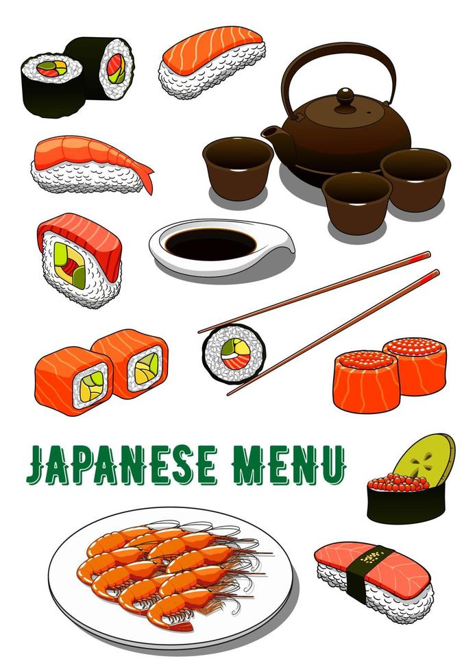 Japans sushi, gegrild garnalen, soja saus en thee vector