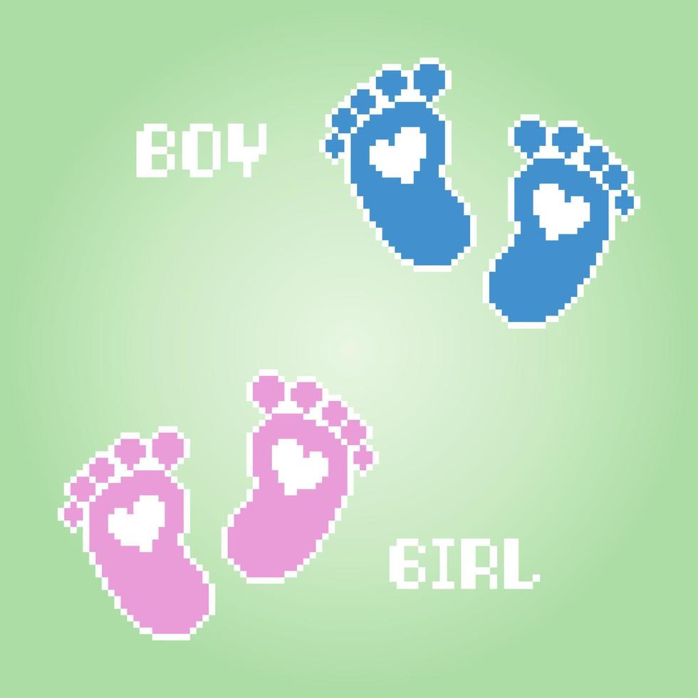 pixel 8 bit baby voetstappen. sporen van een baby geboren in vectorillustratie. vector