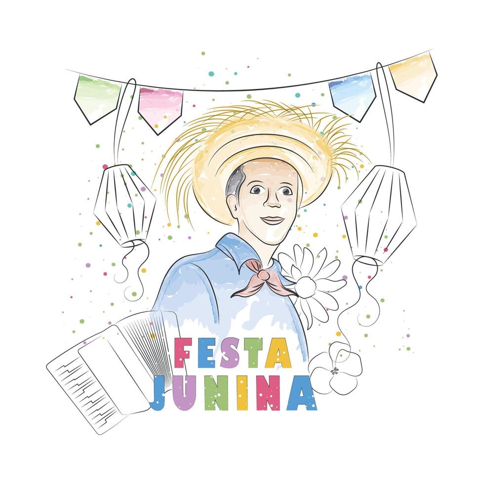 waterverf jongen tekenfilm met zomer hoed en ornamenten festa Junina poster vector illustratie
