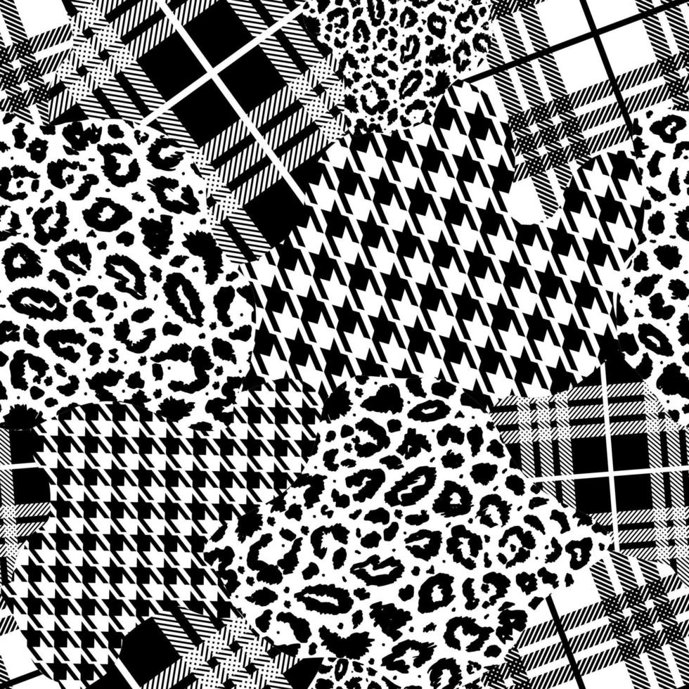 kintsugi Japans kunst stijl zwart en hoezo? modern lapwerk collage dier huid gemengd met meetkundig patroon, Schotse ruit ornament in naadloos vector ontwerp voor mode, stof, behang