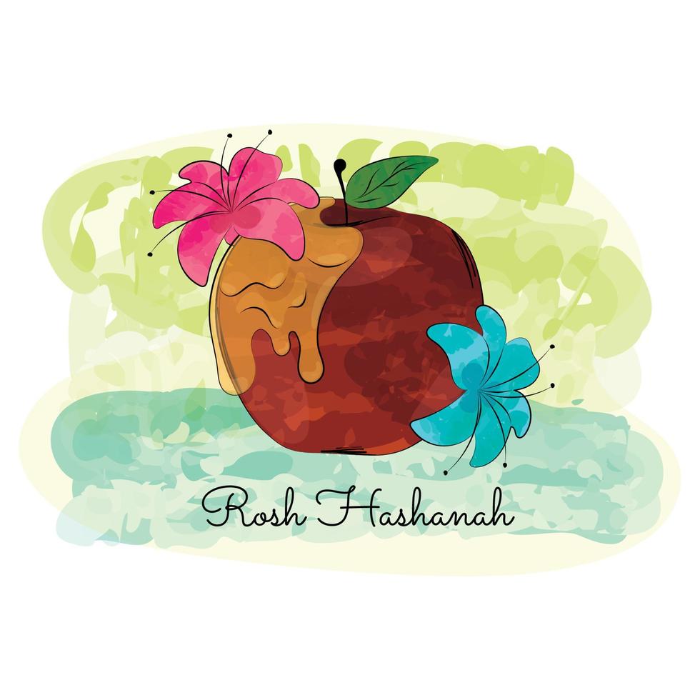 gekleurde appel met bloemen en honing Rosh hashanah vector illustratie