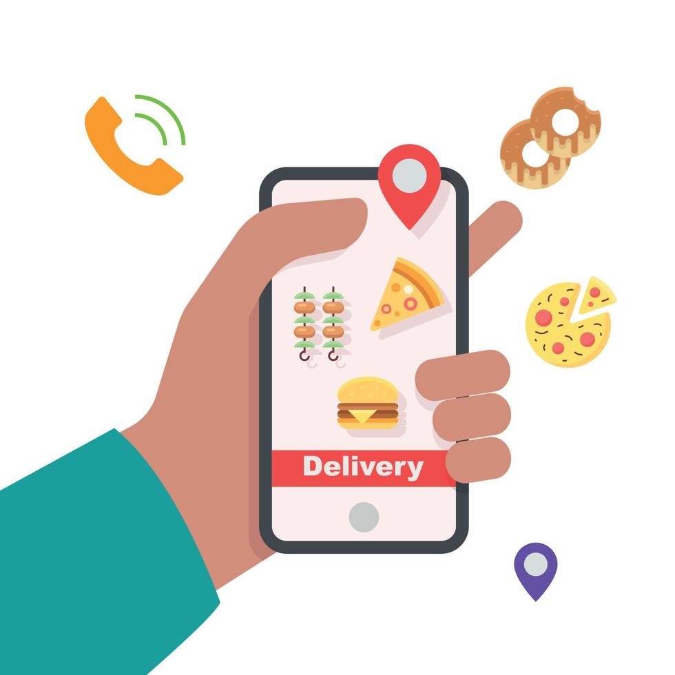 hand- Holding mobiel online bestellen voedsel levering illustratie. vector