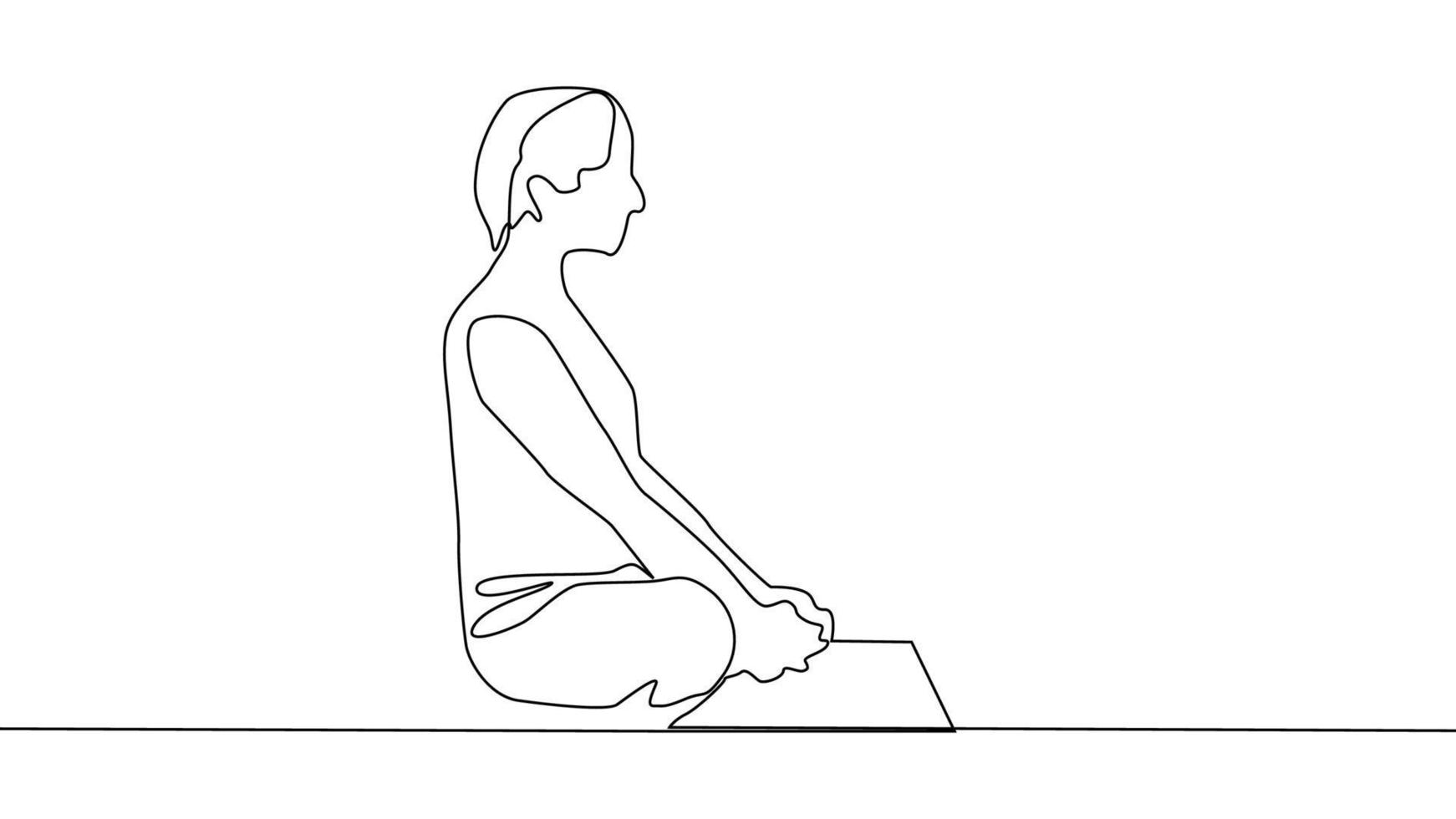 yoga, vrouw, Mens praktijken yoga terwijl zittend in de lotus positie. doorlopend lijn tekening vector