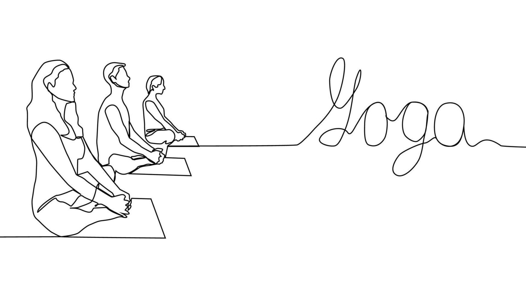 yoga, vrouw, Mens praktijken yoga terwijl zittend in de lotus positie. doorlopend lijn tekening vector