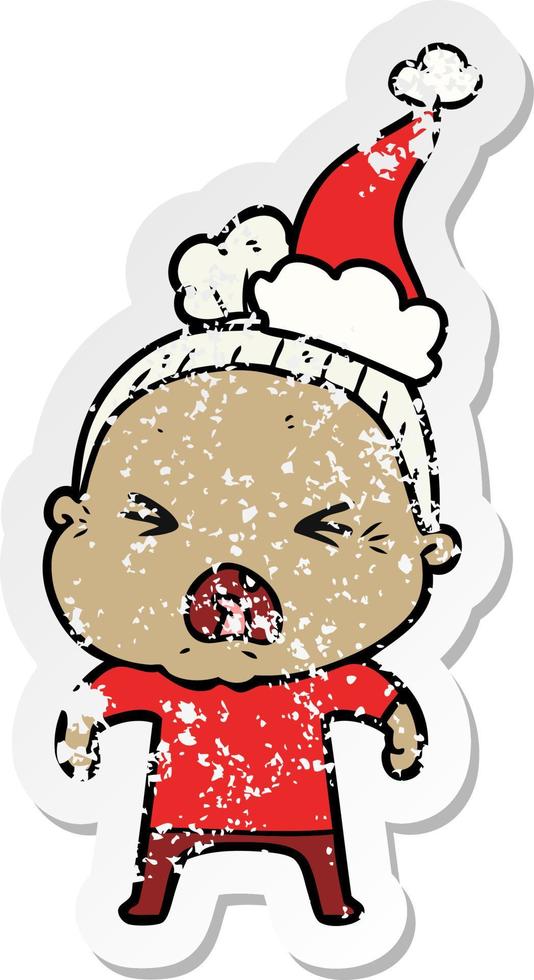 verontruste sticker cartoon van een boze oude vrouw die een kerstmuts draagt vector