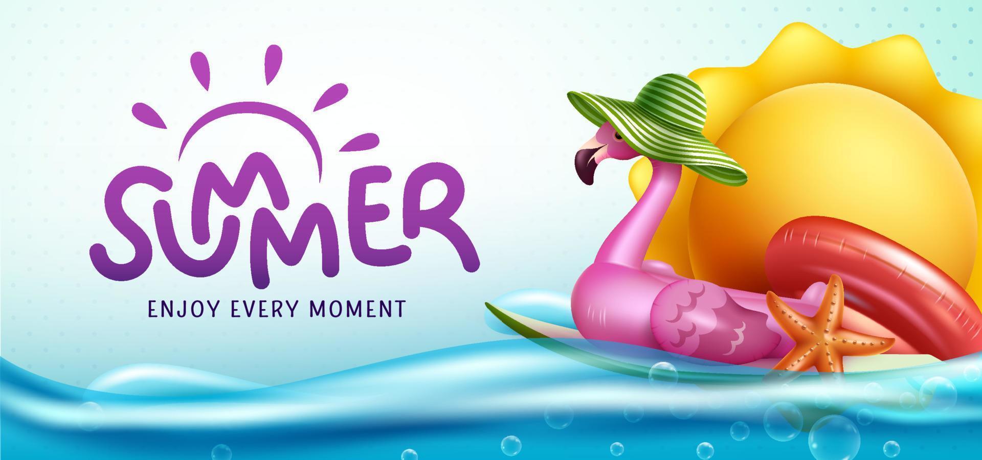 zomer seizoen vector ontwerp. zomer typografie tekst in blauw zee achtergrond met flamingo en zon drijver elementen voor pret en genieten water zwemmen tropisch buitenshuis. vector illustratie.