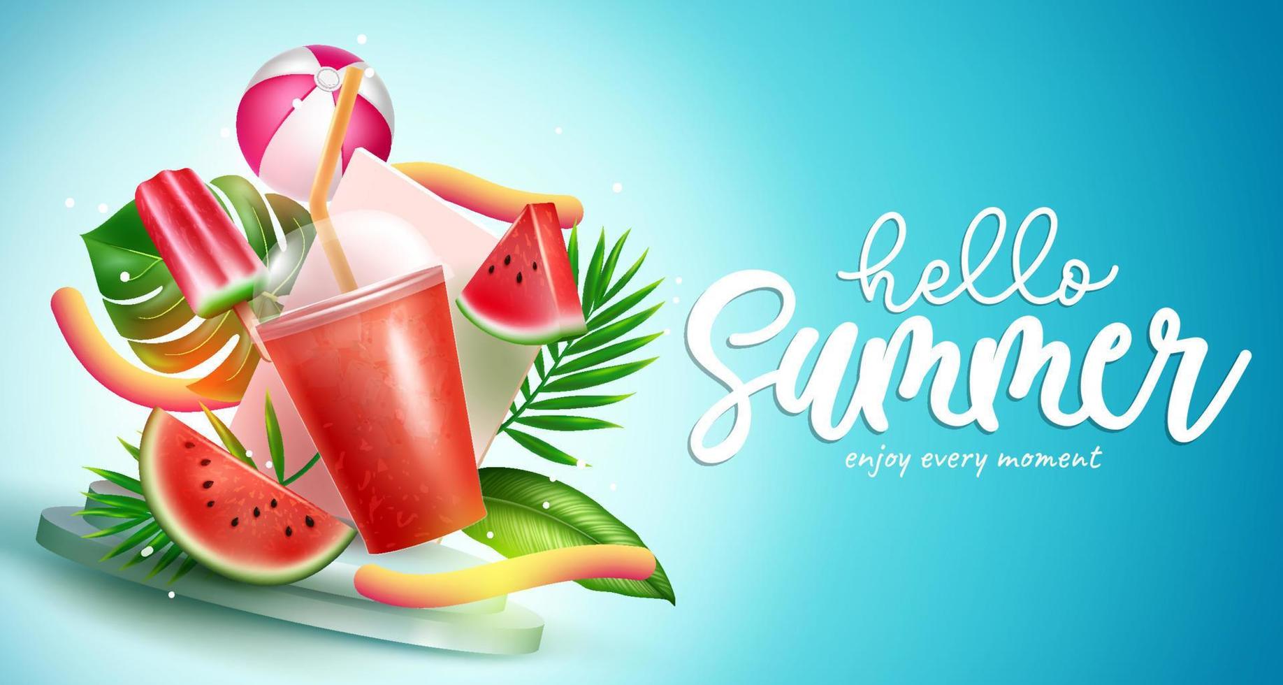 zomer seizoen vector ontwerp. Hallo zomer tekst met fruit drankje, watermeloen en bladeren verfrissend elementen voor tropisch seizoen vers natuur koelers. vector illustratie.