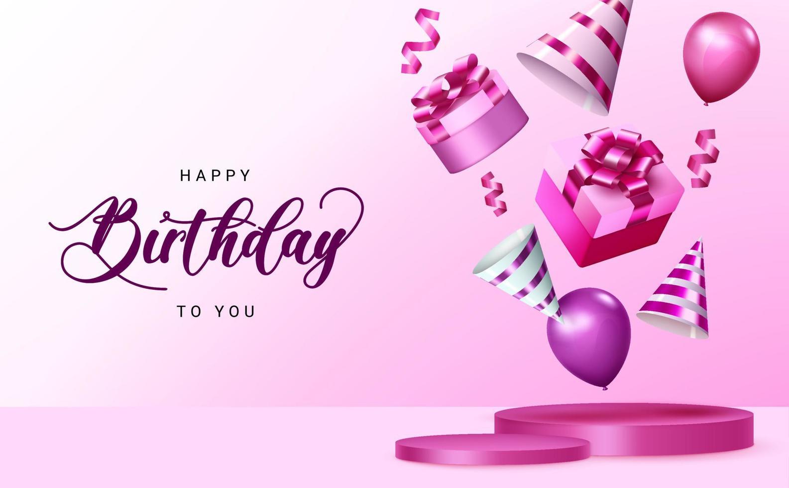 gelukkig verjaardag vector banier ontwerp. gelukkig verjaardag naar u tekst in roze achtergrond ruimte met geschenken, ballonnen en partij hoeden elementen voor geboorte dag viering groet kaart. vector illustratie