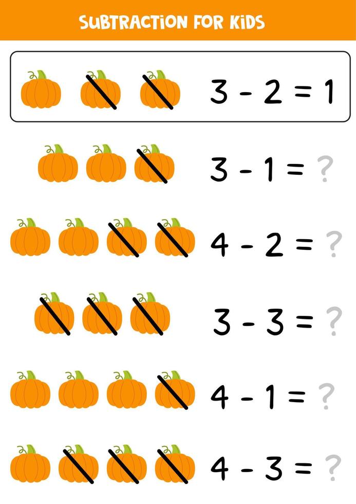 aftrekken met oranje pompoen. leerzaam wiskunde spel voor kinderen. vector