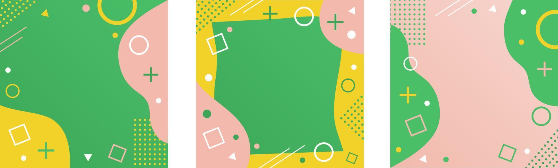 reeks van Memphis stijl achtergrond met abstract vormen. Hoes met een meetkundig patroon in geel, groen en roze. vector illustratie van een sjabloon voor een brochure, advertentie, spandoek.