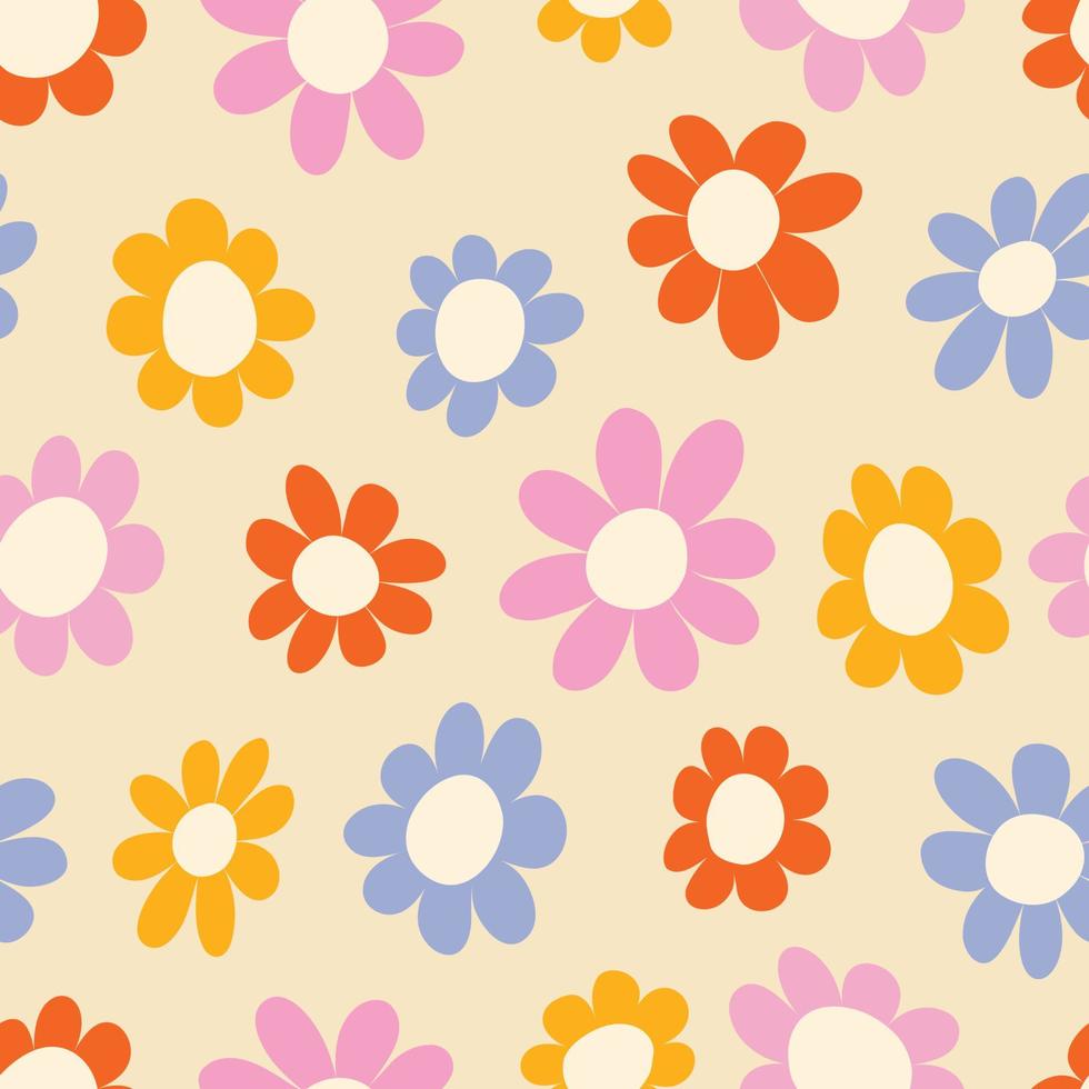 groovy naadloos patroon met bloemen Aan een licht achtergrond. helder vector behang in de stijl van de jaren 70. gemakkelijk vormig bloemen. retro kleding stof afdrukken, kinderen kleren, huis textiel