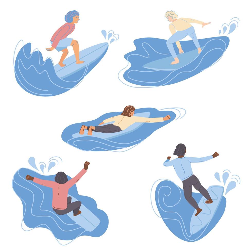 vector vlak stijl reeks van surfing Mens mannetje surfers kleur silhouetten met golven. minimalisme ontwerp jf Golf ruiters in verschillend poses vector illustratie