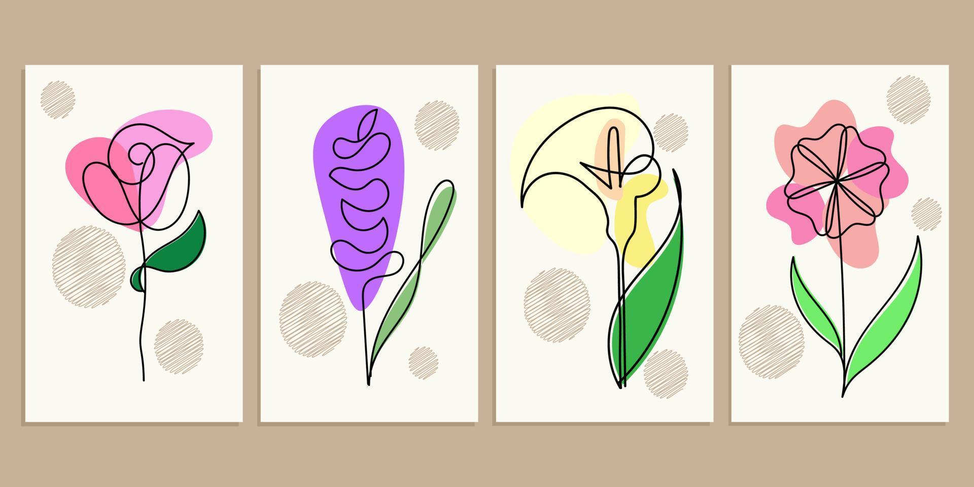 een lijn tekening minimalistische bloemen illustratie reeks roos, lavendel, calla lelie, en kosmos bloem. voor huis decoratie en achtergrond. vector