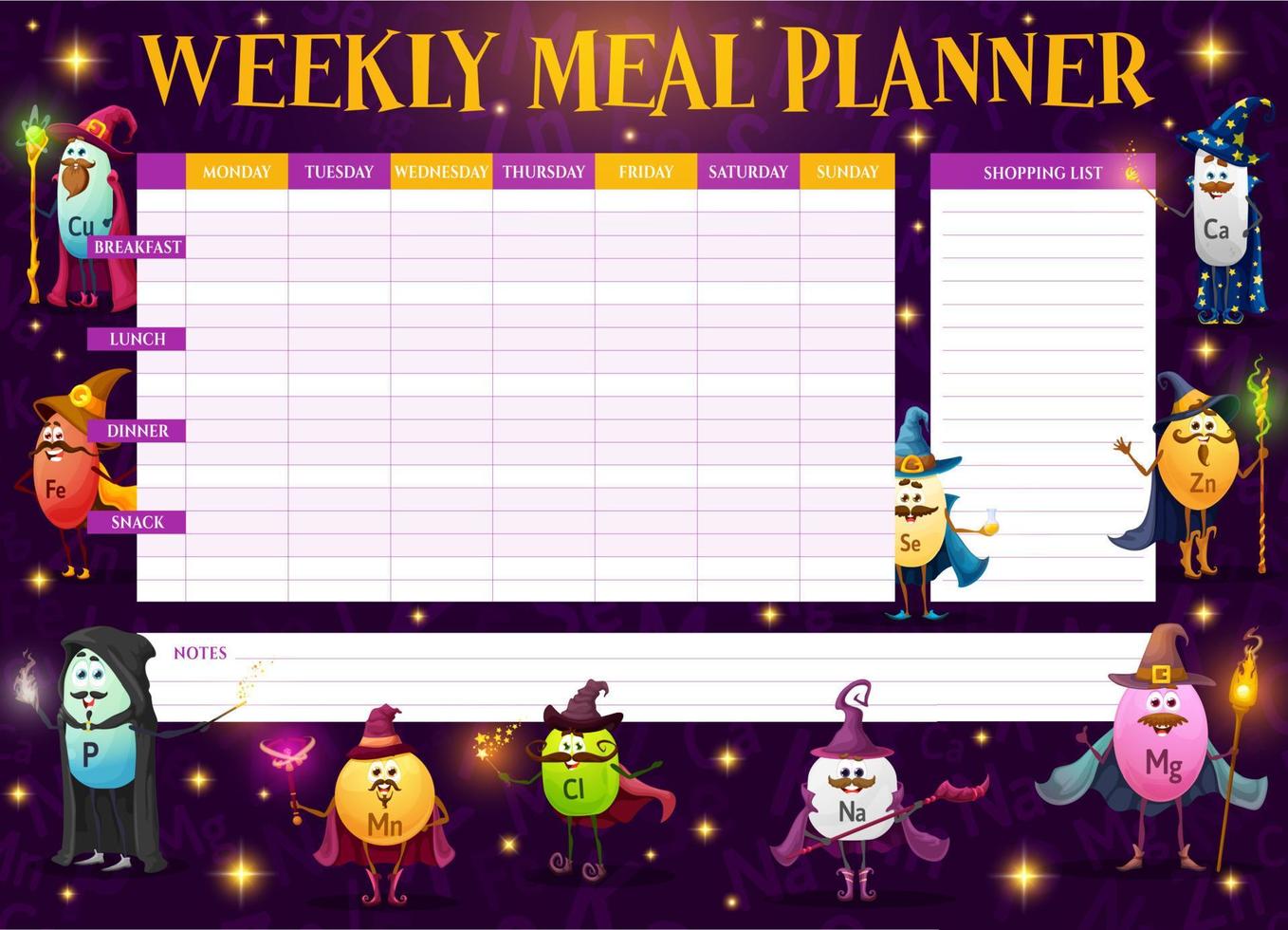 wekelijks maaltijd planner, micronutriënten tovenaars, magiërs vector