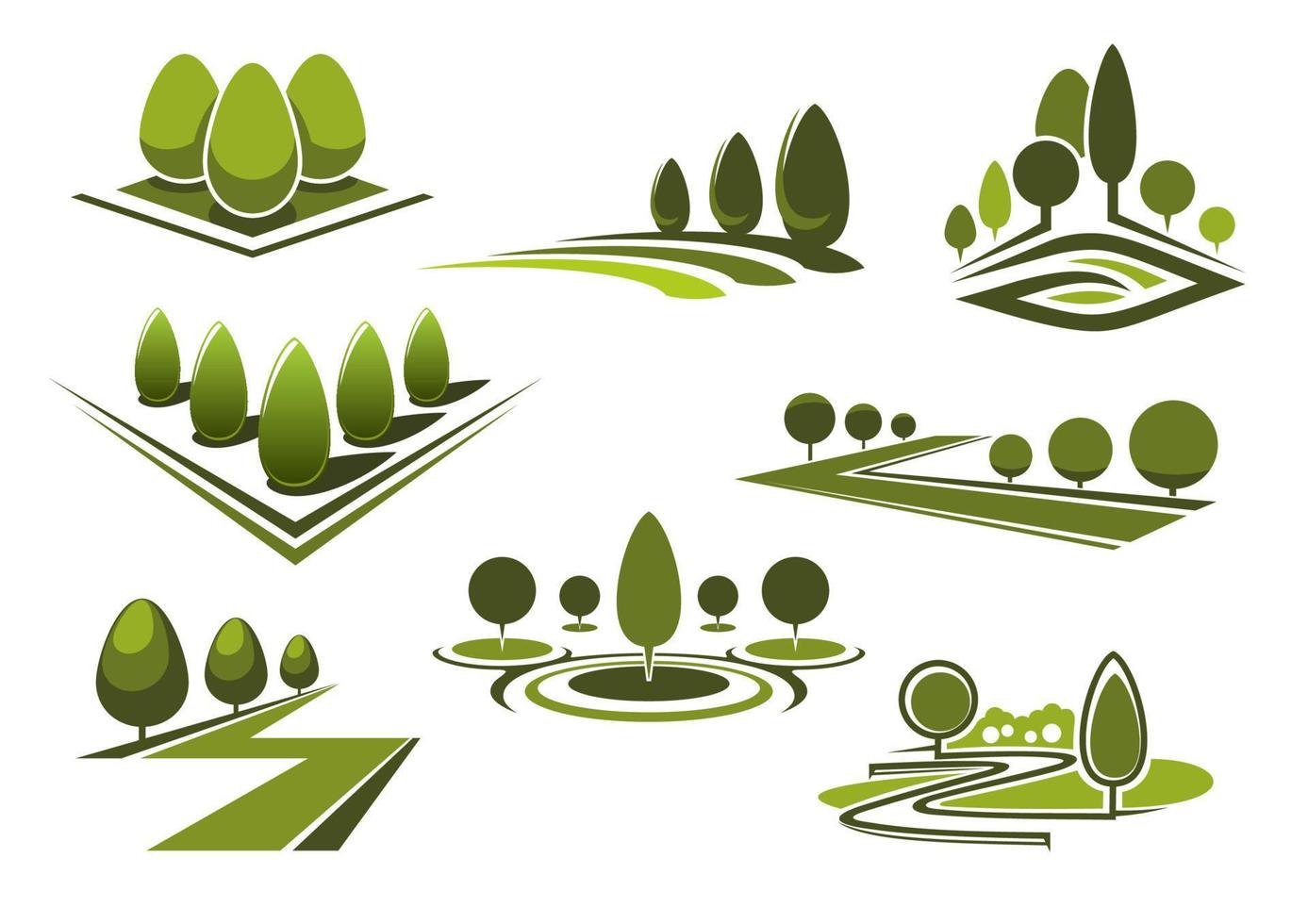parken en gaden pictogrammen met groen bomen vector