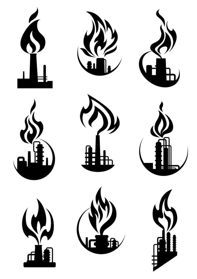 zwart industrieel chemisch fabriek pictogrammen vector