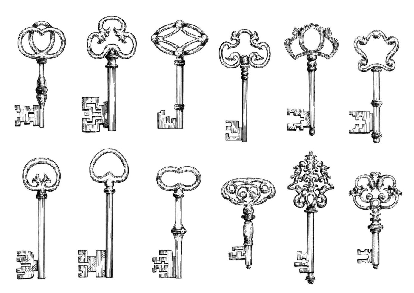 oud skelet sleutels schetsen reeks vector